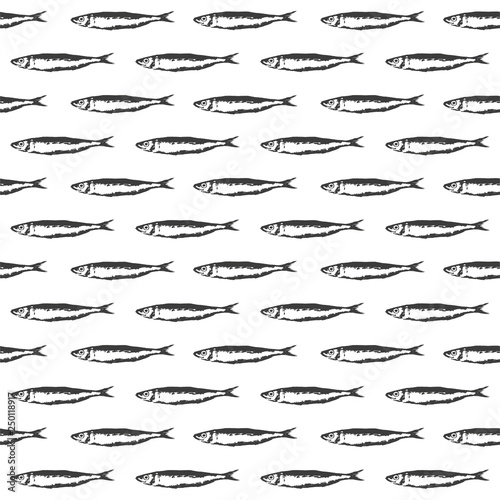 Black Fish Herring Seamless Pattern. Sardine, Sardina pilchardus
