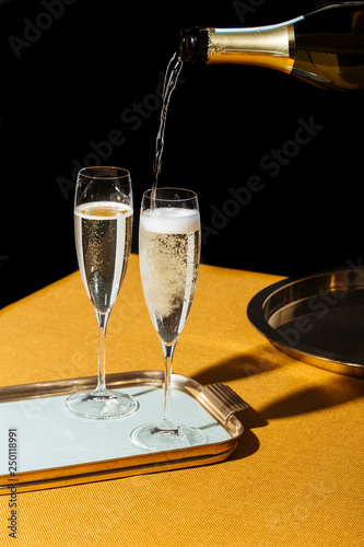 Flutes filled with sparkling Prosecco, in pop contemporary style. Prosecco is an italian white sparkling wine cultivated and produced in Valdobbiadene-Conegliano area.