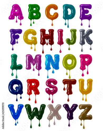 Latin alphabet bold font made of colorful glaze with falling drops in high resolution (part 1. Letters)