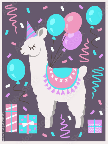  Cute white Llama or Alpaca with party hat, gift boxes, balloons and confetti birthday greeting card vector art motive