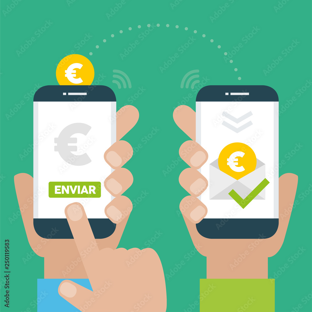 People sending and receiving money wireless with their mobile phones. Banking payment apps concept. Send written in spanish People sending and receiving money wireless with their mobile phones. Banking payment apps concept. Send written in spanish