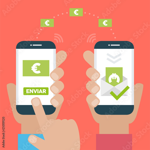 People sending and receiving money wireless with their mobile phones. Banking payment apps concept. Send written in spanish