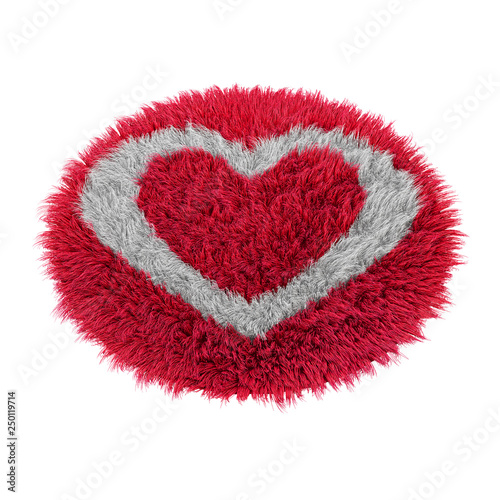 Round fluffy soft wool heart carpet on a white background 3d rendering
