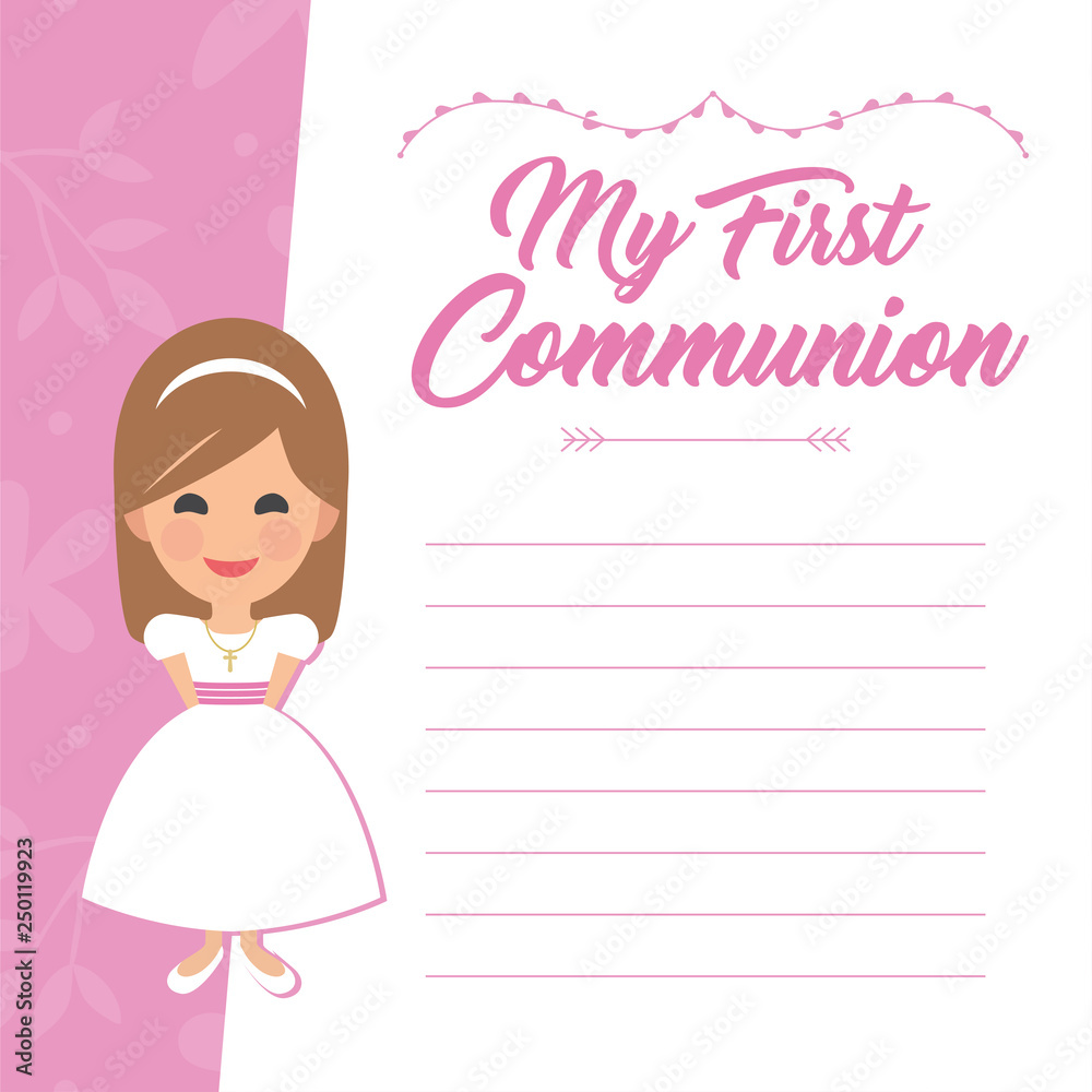 My first communion invitation with message on pink background. Vector My first communion invitation with message on pink background. Vector