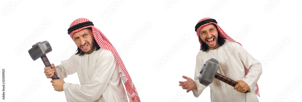 Angry arab man with hammer isolated on white Angry arab man with hammer isolated on white
