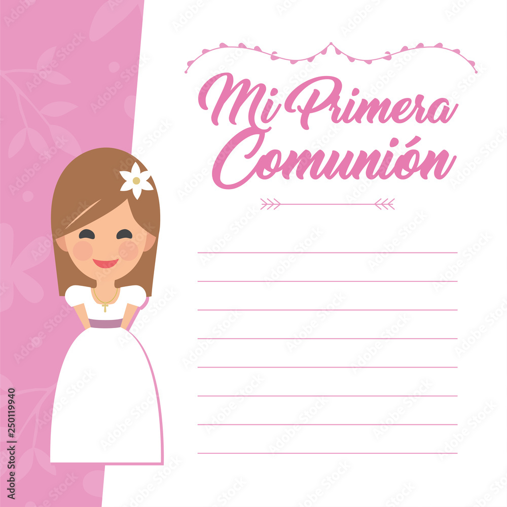 My first communion invitation with message on pink background. Vector My first communion invitation with message on pink background. Vector