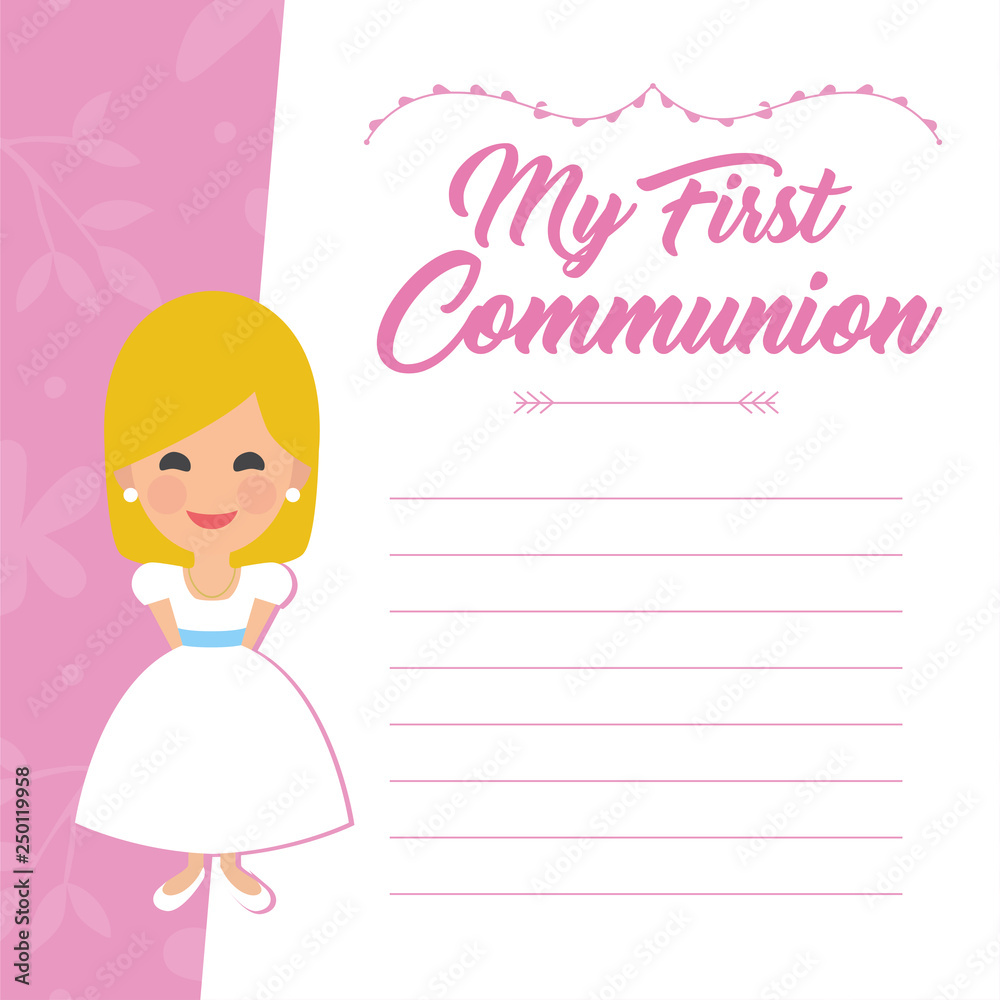 My first communion invitation with message on pink background. Vector My first communion invitation with message on pink background. Vector