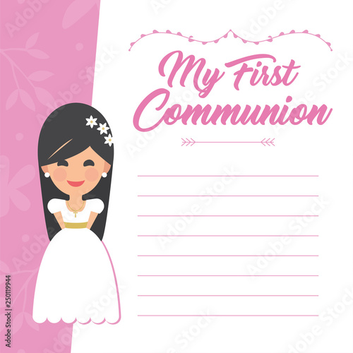 My first communion invitation with message on pink background. Vector