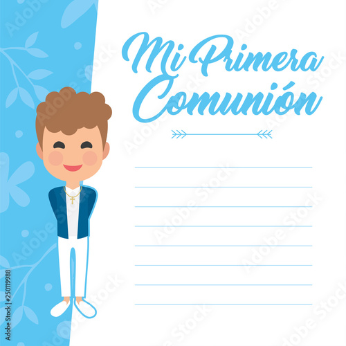 My first communion invitation with message on blue background. Vector