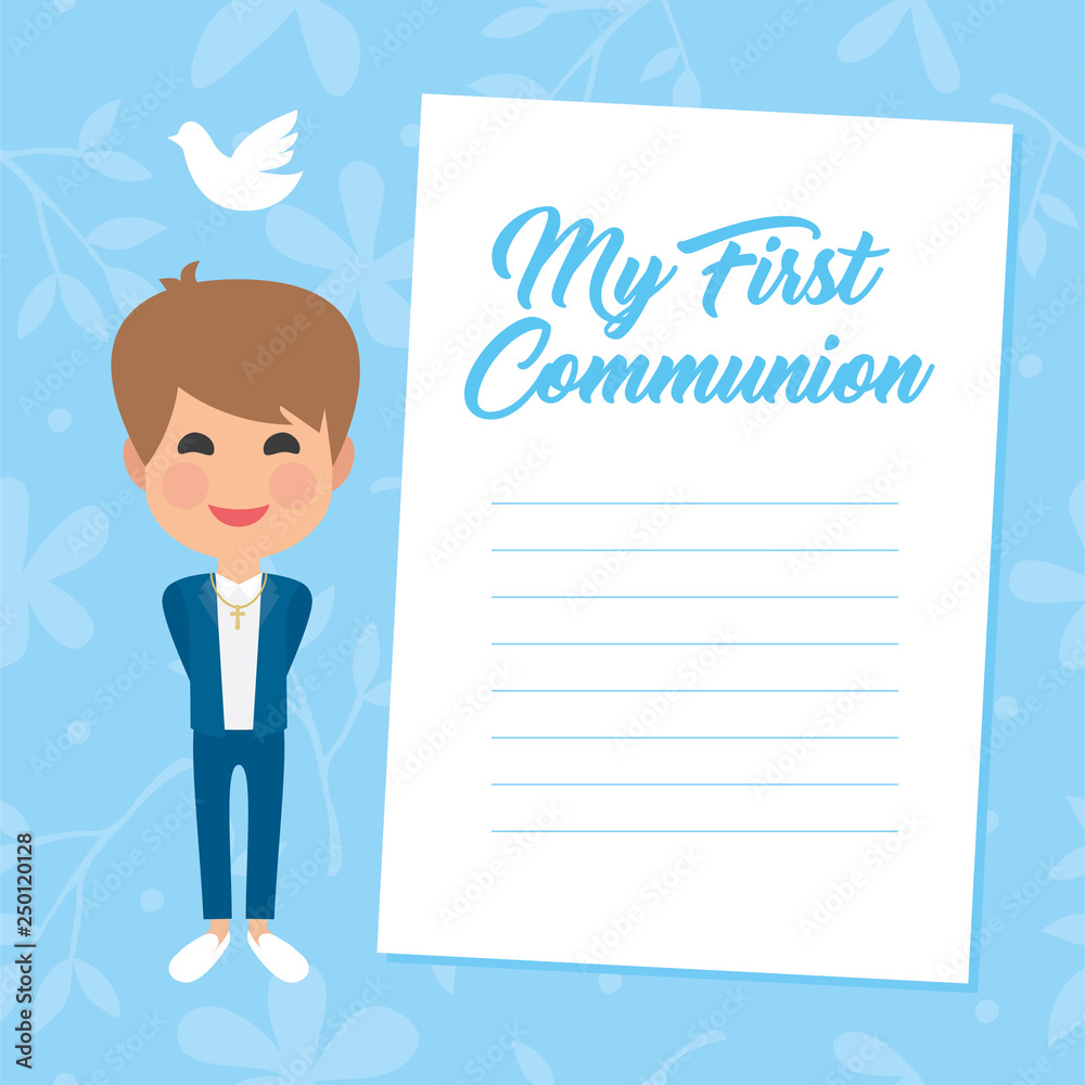 My first communion invitation with message on blue background. Vector My first communion invitation with message on blue background. Vector