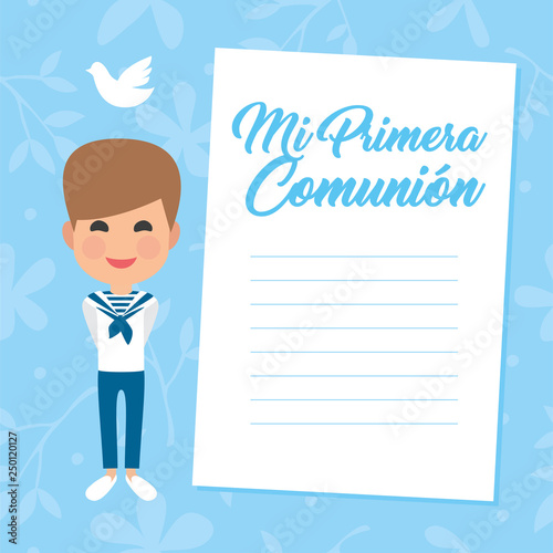 My first communion invitation with message on blue background. Vector