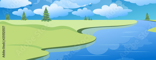 Fototapeta Naklejka Na Ścianę i Meble -  Spring or summer landscape with green meadows, clouds, trees, river and blue sky. Vector cartoon image of nature.