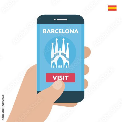 Buy ticket. Barcelona Travel. Payment smartphone concept. Visit city