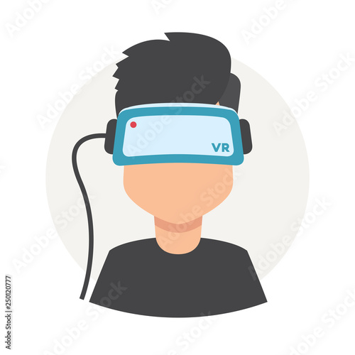 A man with isometric virtual reality headset. Vector flat design illustration. Display 3d: chat, call, ok, search, meeting point, send email ...