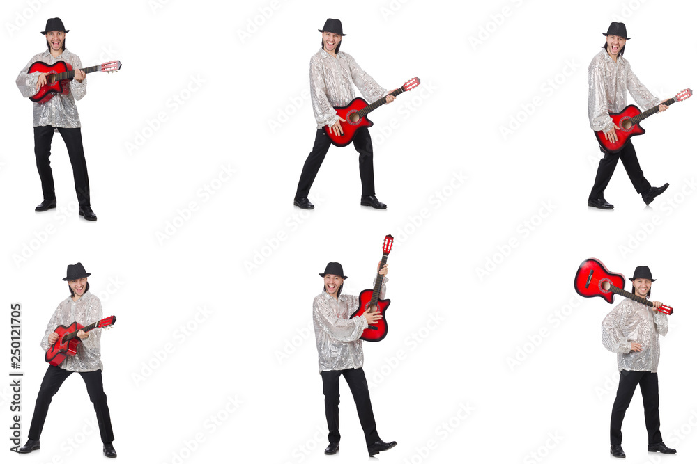 Young man with guitar isolated on white 