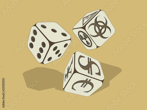 stylized vector image of dices on the subject of business ecology and palitika