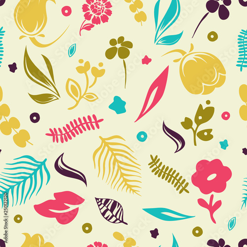 Cute vector seamless pattern. Colorful botanical elements - flowers, leaves - isolated on light background. Unique abstract texture for invitations, cards, websites, wrapping paper, textile 