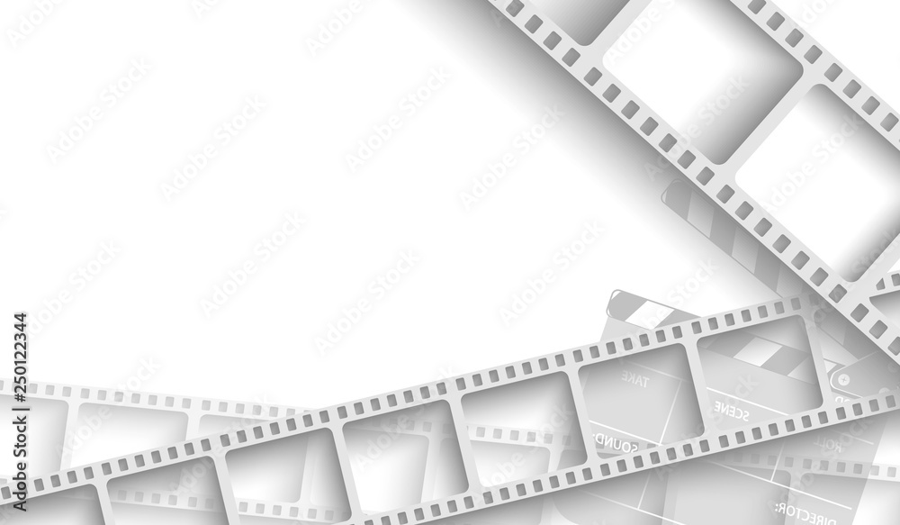 Abstract background with white film strip frame and clapper-board isolated on white background. Design template cinema with space for your text. Movie time concept. 3d style.Vector illustration EPS 10