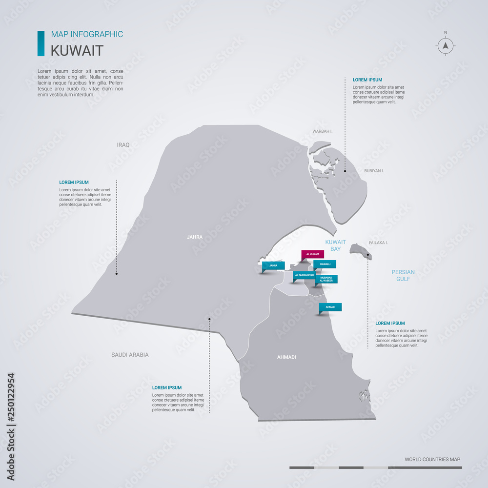 Kuwait vector map with infographic elements, pointer marks. Stock