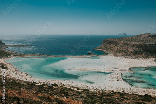 Sea lagoon with clear turquoise water view from the hill. Balos bay on Crete island, Greece.
