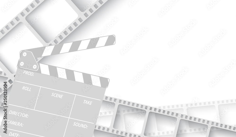 White blank with film strip frame and clapper-board isolated on white background. Design template cinema with space for your text. Vector cinema background , brochure, tickets, flyer, leaflet. EPS 10.