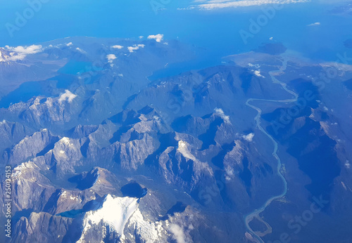 Aerial view of groups of mountains in the Andes range, Patagonia, Chile