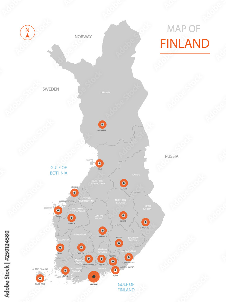 Vecteur Stock Stylized vector Finland map showing big cities, capital  Helsinki, administrative divisions. | Adobe Stock