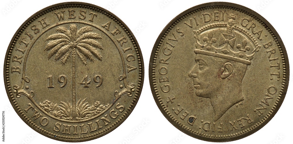 Naklejka premium British West Africa coin 2 two shillings 1949, palm tree divides date, denomination below, head of King George VI left, , first year of issue under name of King George V, value in words around center