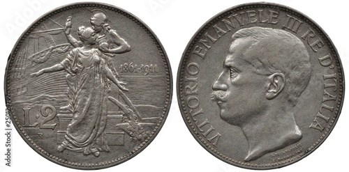 Italy Italian silver coin 2 two lire 1911, subject 50th Anniversary of the Kingdom, two allegorical women in togas, sailing ship left to pedestal, plow at right, head of King Vittorio Emanuele III lef