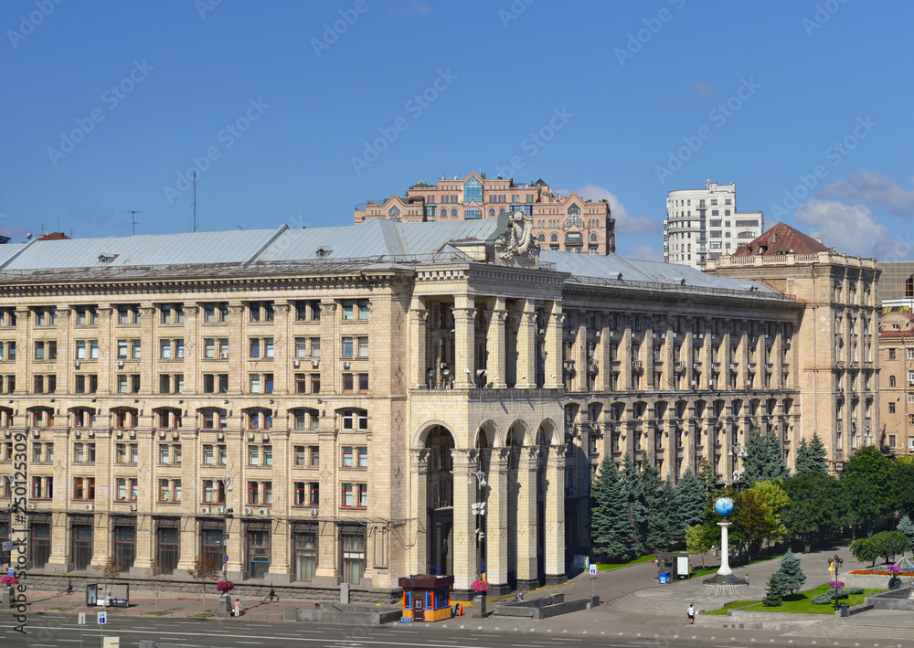 Khreshchatyk, the main street of Kyiv, the capital of Ukraine. The building of the Main Postal Office reconstructed after World War II in 1957.