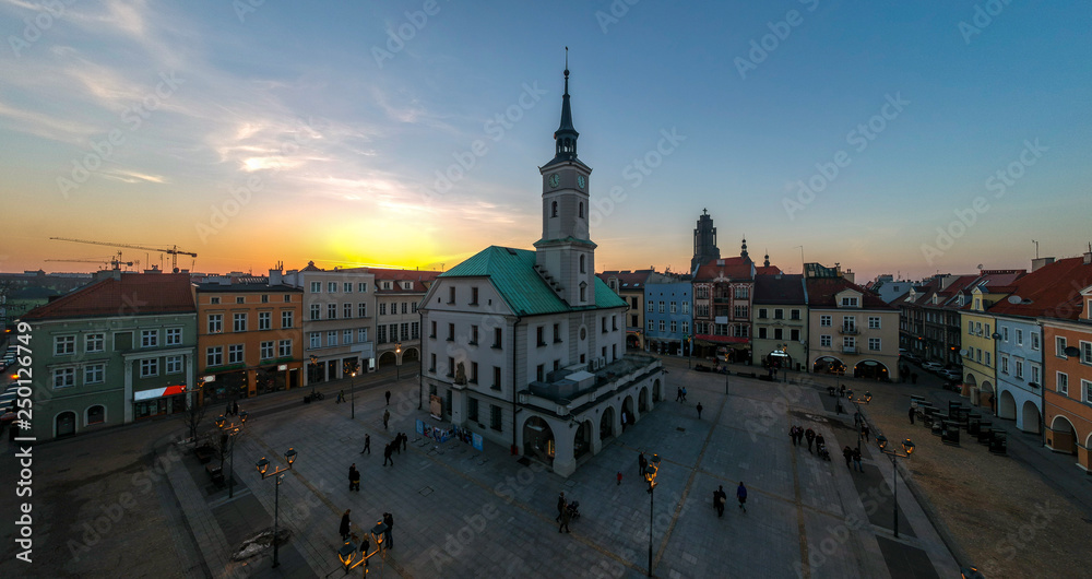 The Central square of Gliwice at sunset. Aerial view