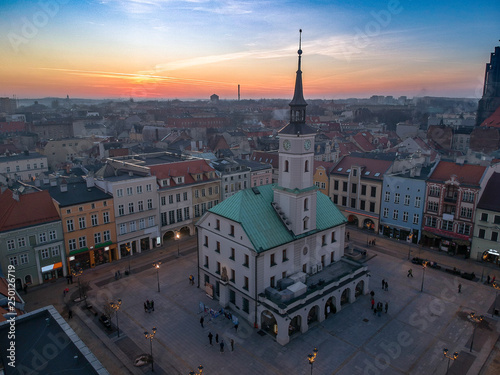 The Central square of Gliwice at sunset. Aerial view