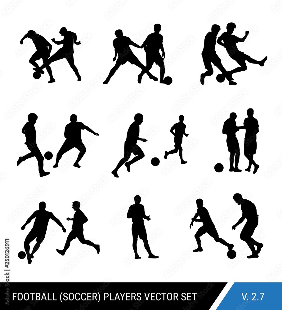 Soccer players silhouettes vector set. Different poses of players, football players in motion: the struggle for the ball, the dispute of a football player with the judge, a trick, overtaking.