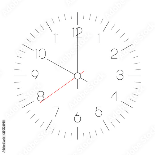 Clock face. Hour dial with numbers and hour, minute and second hand. Dashes mark minutes and hours. Thin outline design. Simple flat vector illustration