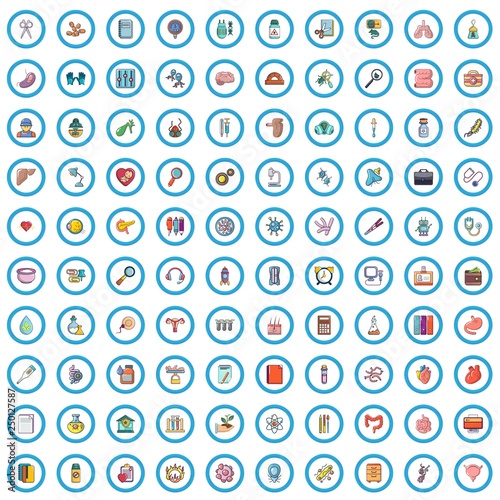 100 analysis icons set in cartoon style for any design vector illustration