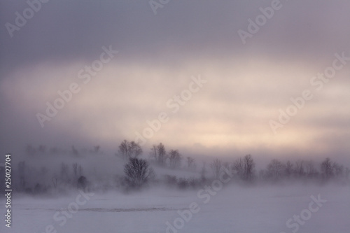 Ground blizzard, 30-below wind chills in farm country of New York State, USA.