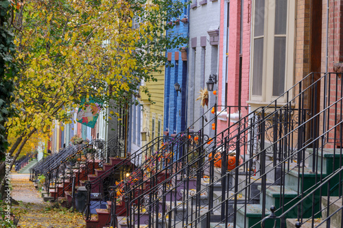 Quaint colorful brick row homes on Jay Street part of the Lark Street neighborhood; Albany; New York State; USA. photo