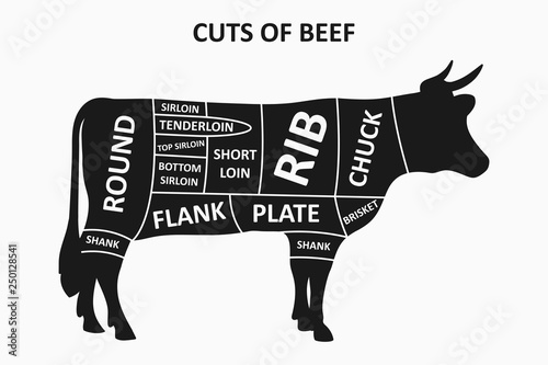 Cuts of beef scheme with cow. Meat cuts poster for butcher shop. Vector illustration.