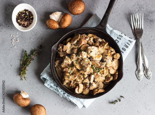 Meat stewed with mushroom and thyme in a cast-iron pan. Grey concrete background. Copy space. 