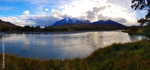 View of Torres del Paine mountains and lakes in Chile
