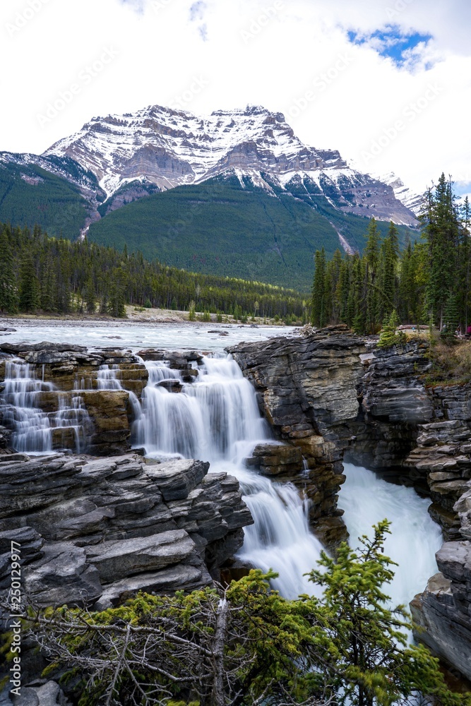 Waterfall with Snowy Mountain in Banff, Canada