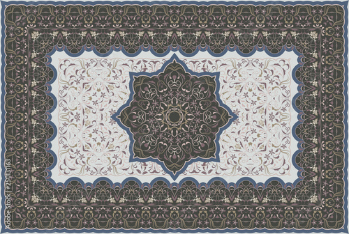 Vintage Arabic pattern. Persian colored carpet. Rich ornament for fabric design, handmade, interior decoration, textiles. Brown background.