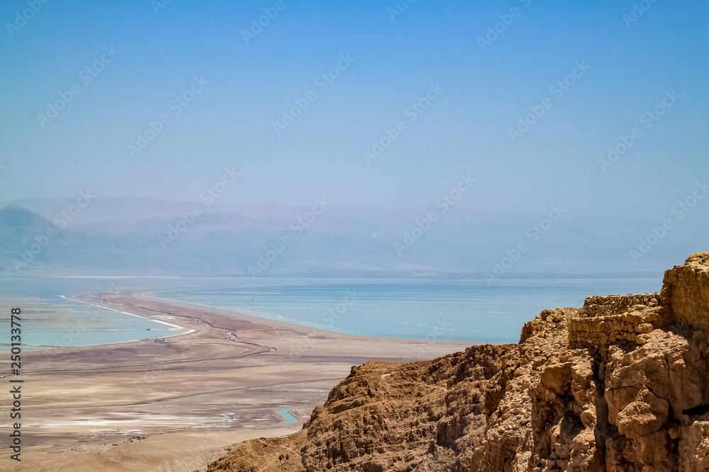 View of the Judaen Desert, Dead Sea, and Jordanian Mountains, seen from Masada Fortress