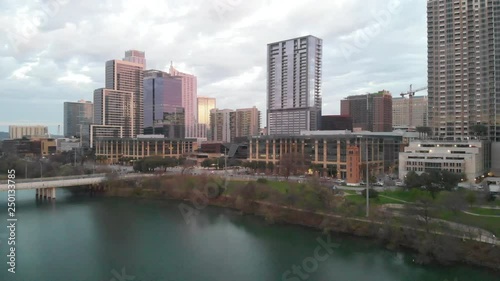 Aerial View of the Austin, Texas Skyline at Sunrise over the Guadalupe River