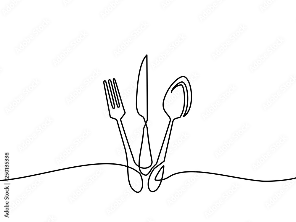 Continuous One Line Drawing Fork Spoons Knife Plates And All