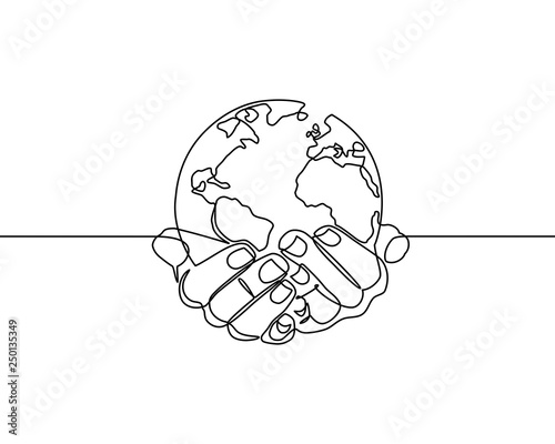 Continuous line drawing of hands holding Earth globe. vector illustration for banner, poster, web, template, business card. Black thin line image of hands holding Earth globe icon - Vector