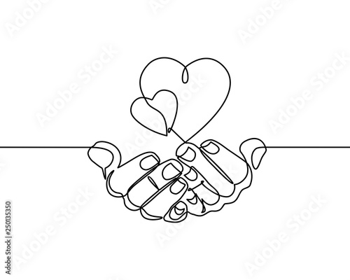 Continuous one line drawing. hands holding heart on white background. Black thin line of hand with heart image. - Vector photo