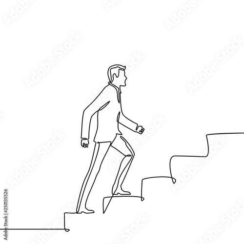 Continuous one line drawing. Reach the target. Businessman climbing stairs to the target. Concept business vector illustration Black thin line of climbing stairs. Vector