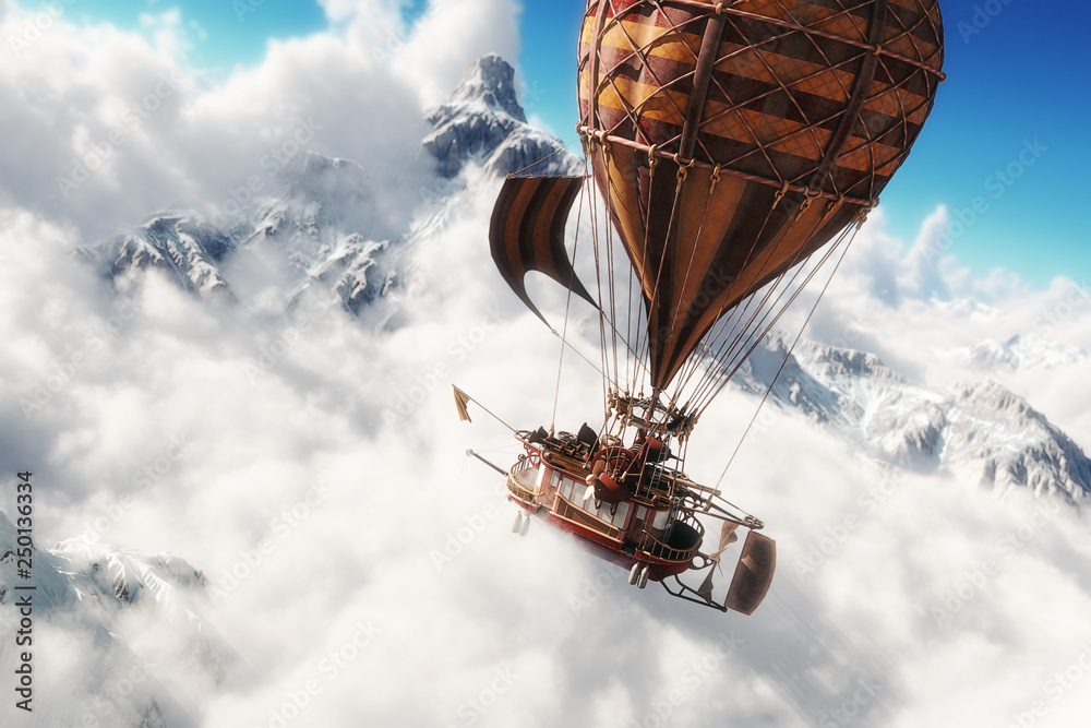 Obraz premium Fantazja koncepcja sterowane parą statku powietrznego sterowiec balonem żeglarstwo przez morze chmur z górami śniegu cap w tle. Ilustracja renderowania 3d