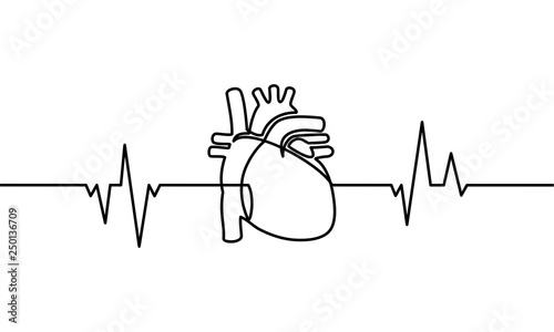 Continuous line drawing of heart with heartbeat on Black and white background. Vector